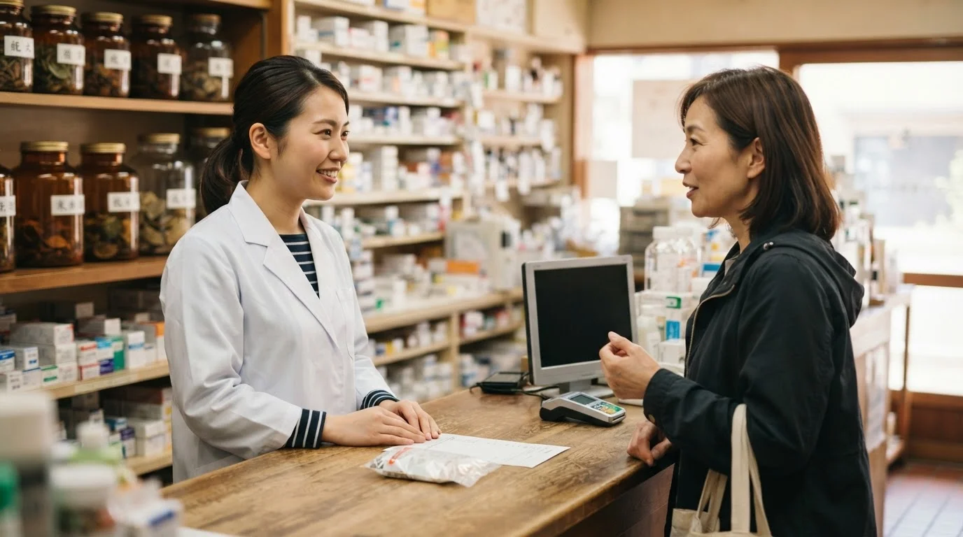 カウンター越しに漢方相談を受ける薬剤師と来局者の手元