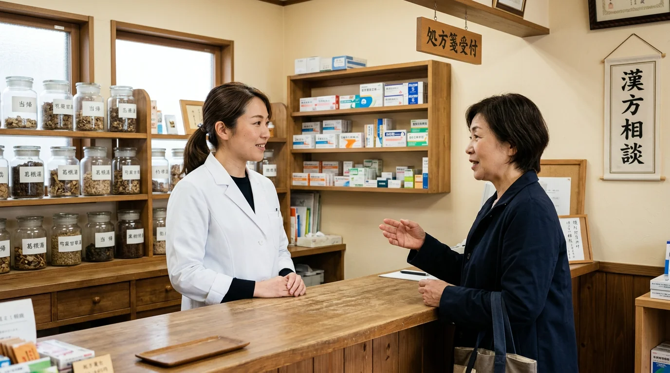 薬局のカウンターで薬剤師が来局者の相談を聞く場面