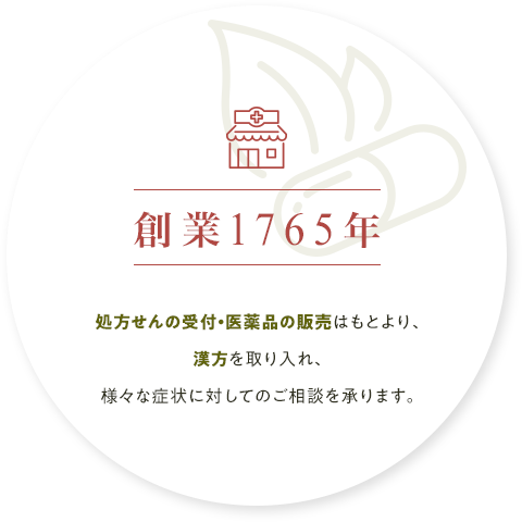 創業1765年 処方せんの受付・医薬品の販売はもとより、漢方を取り入れ、様々な症状に対してのご相談を承ります。